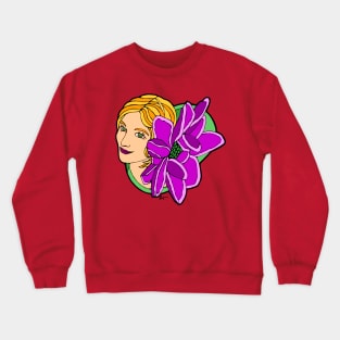 Blonde Woman with Large Pink Flower Crewneck Sweatshirt